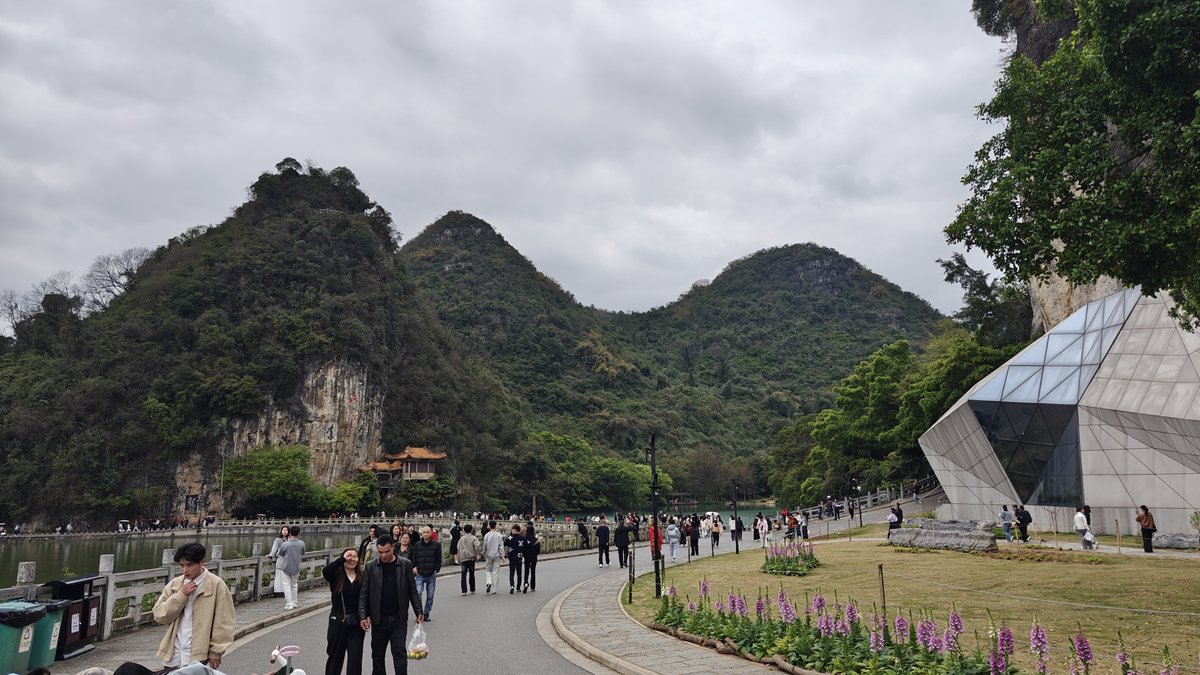 Lake dramatic karst mountains pavilion