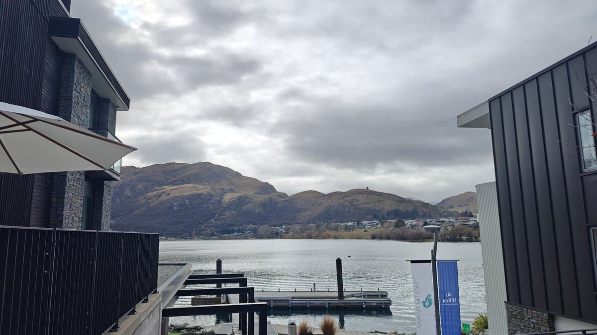 Lake Wakatipu from a modern lakefront development, a