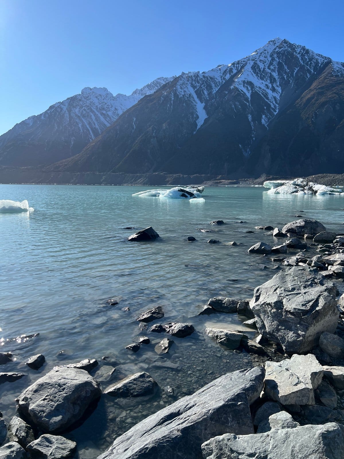 Lakeshore of milky-turquoise Tasman Lake