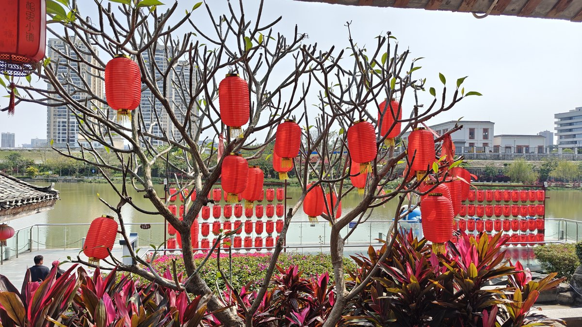 Lakeside red lanterns and wall