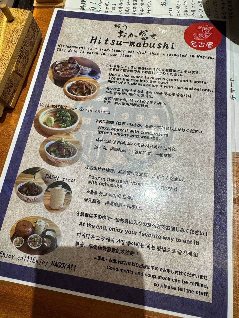 Laminated 'Hitsu-mabushi' eating-instruction card headed 鰻う おか冨士 with