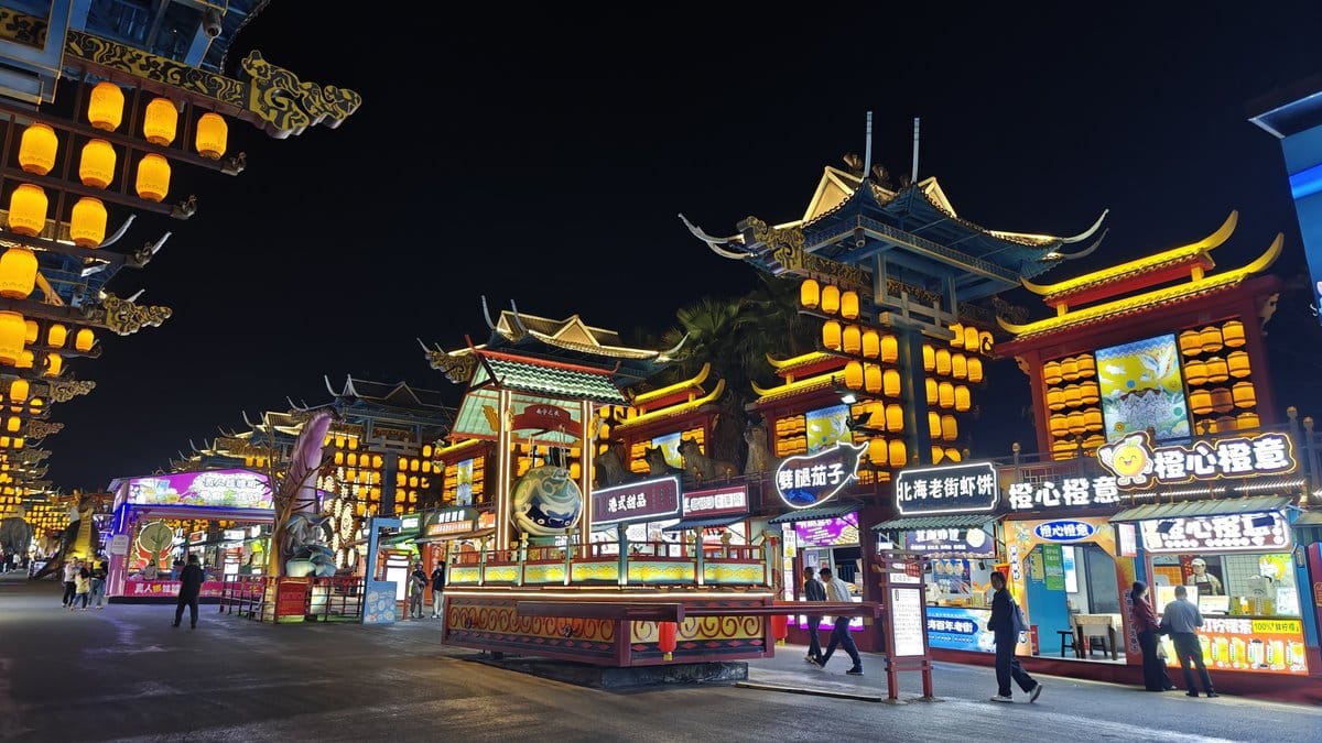 Lantern-lined market boulevard