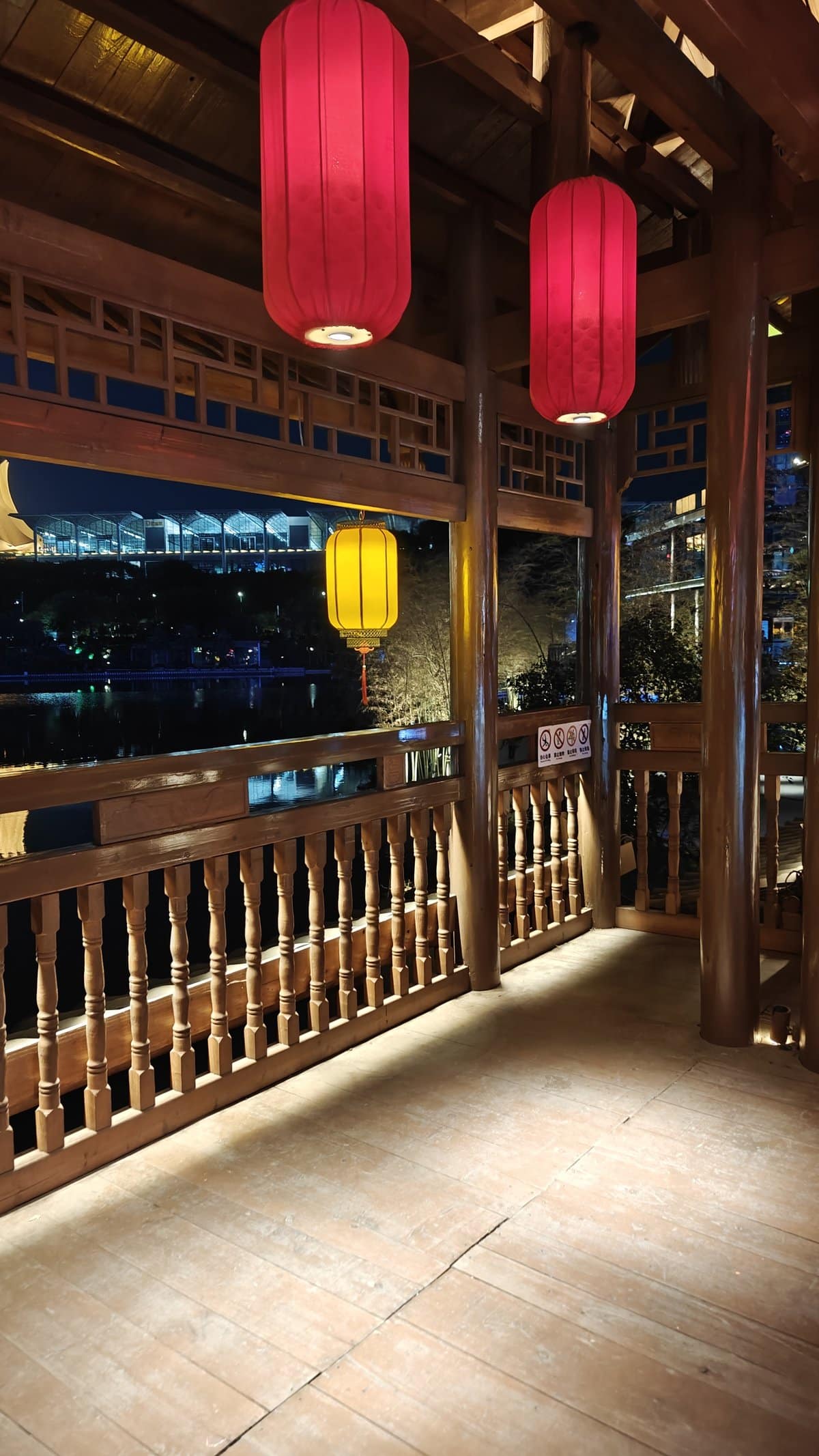 Lanterns inside covered bridge