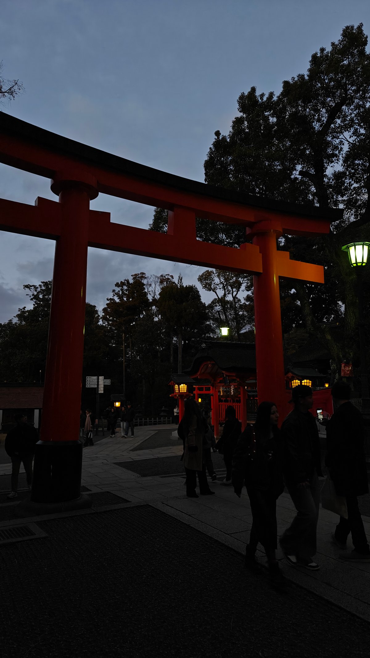 Large torii dusk lit stone lantern