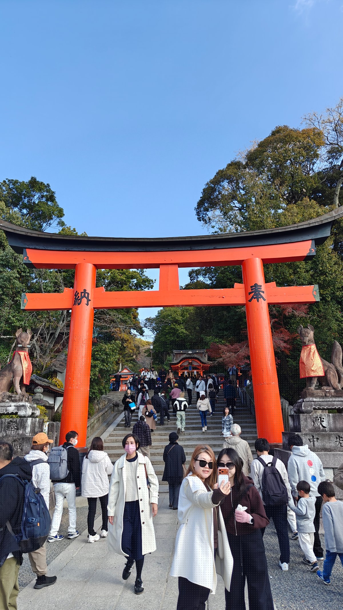 Large vermilion torii path visitors