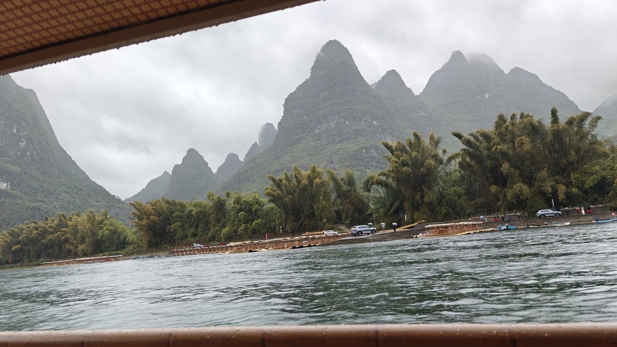 Leaving dock with misty panorama