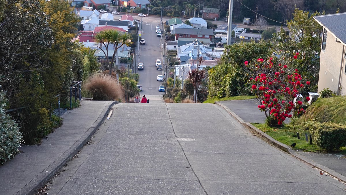 Looking down the steep street lined with parked