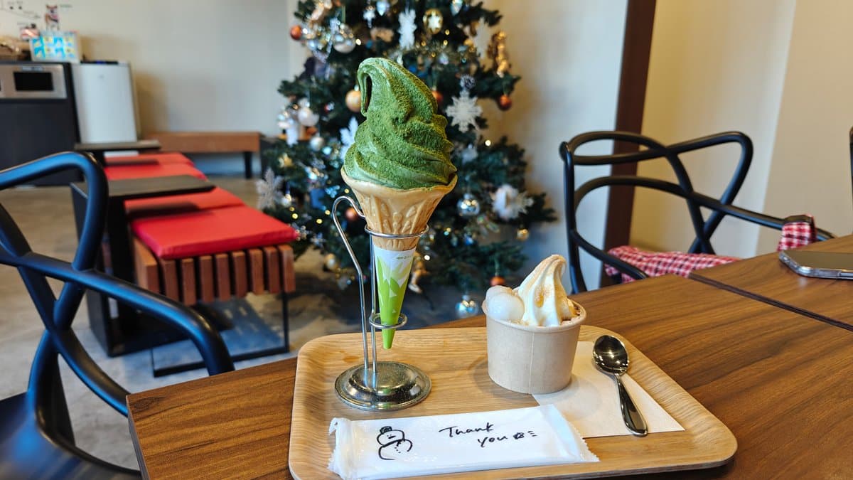 Matcha soft-serve by Christmas tree