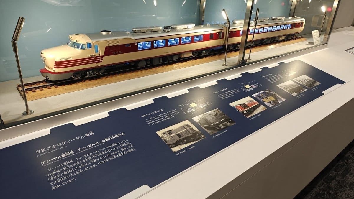 Model train displayed with informational board