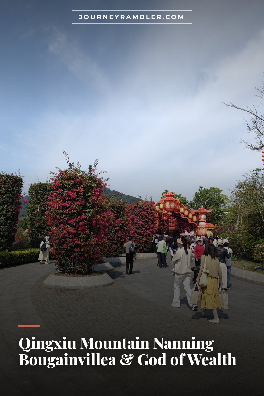 My Morning at Qingxiu Mountain in Nanning with Bougainvillea, Lanterns, and a God of Wealth