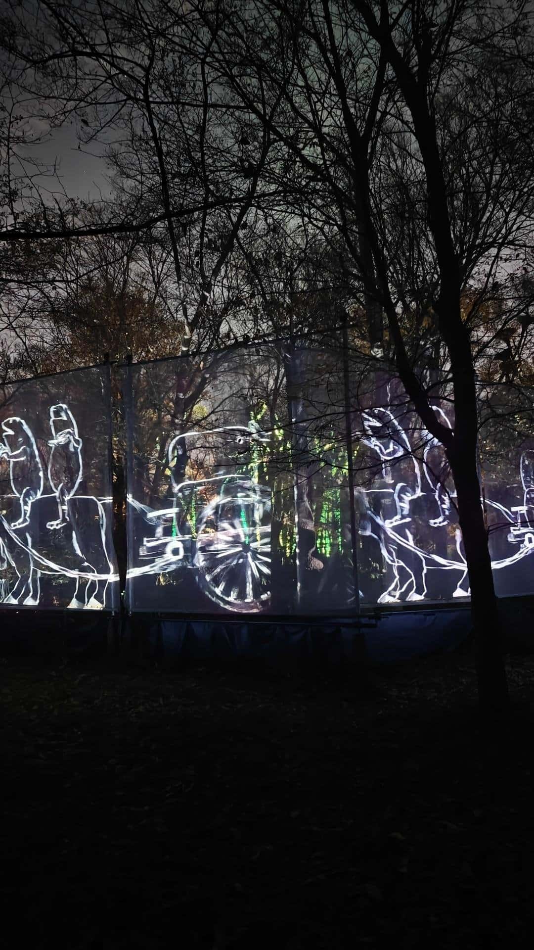 Neon carriage lights in dark forest
