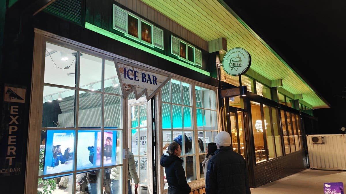 Night exterior of the Queenstown Ice Bar shopfront,