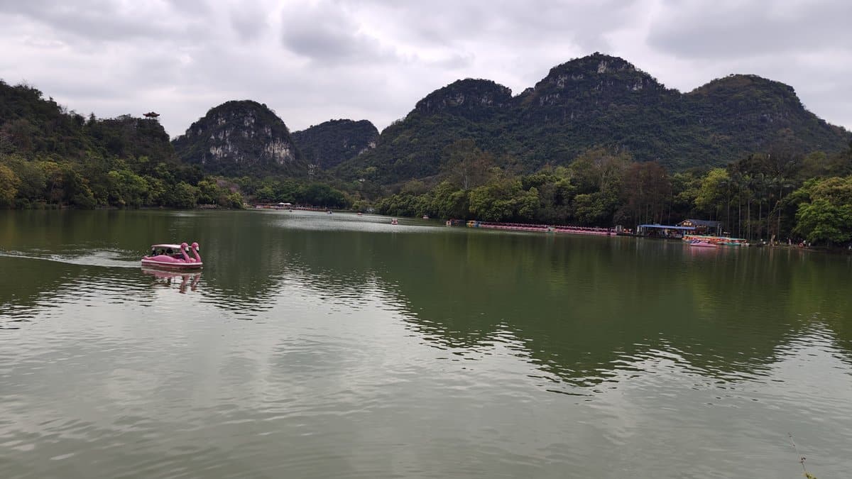 Panoramic lake limestone peaks shore