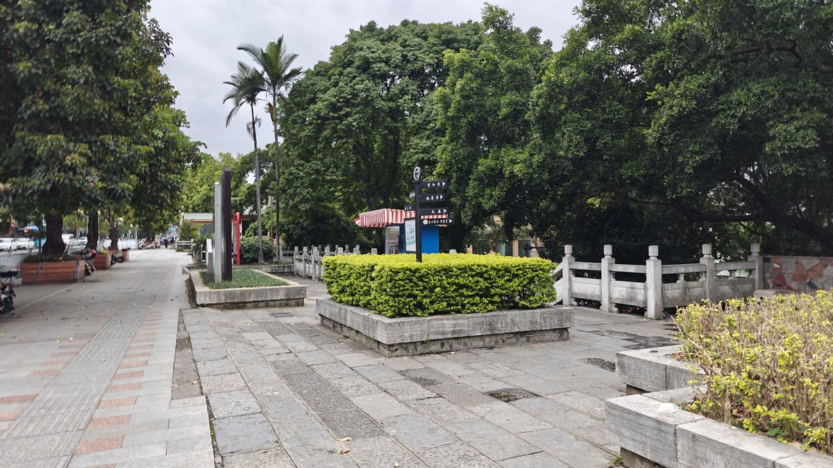 Park entrance pathway with trimmed hedges, palm trees,