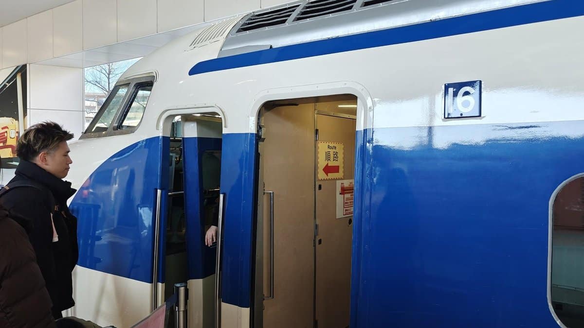 Person near blue train entrance