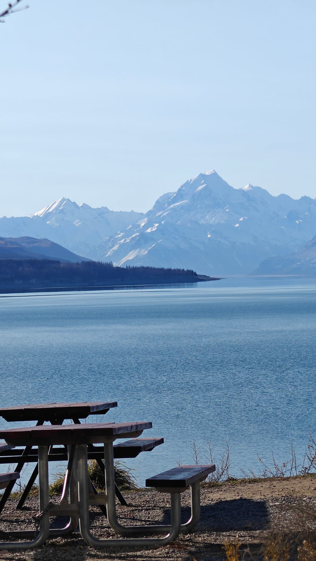 Picnic tables overlooking turquoise Pukaki