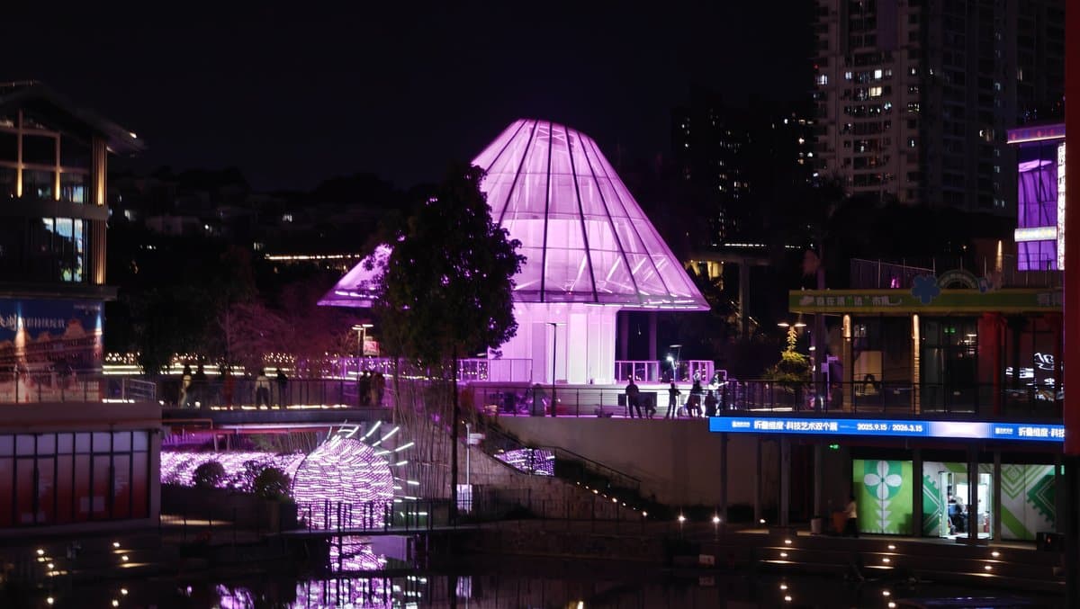 Purple glass pyramid pavilion