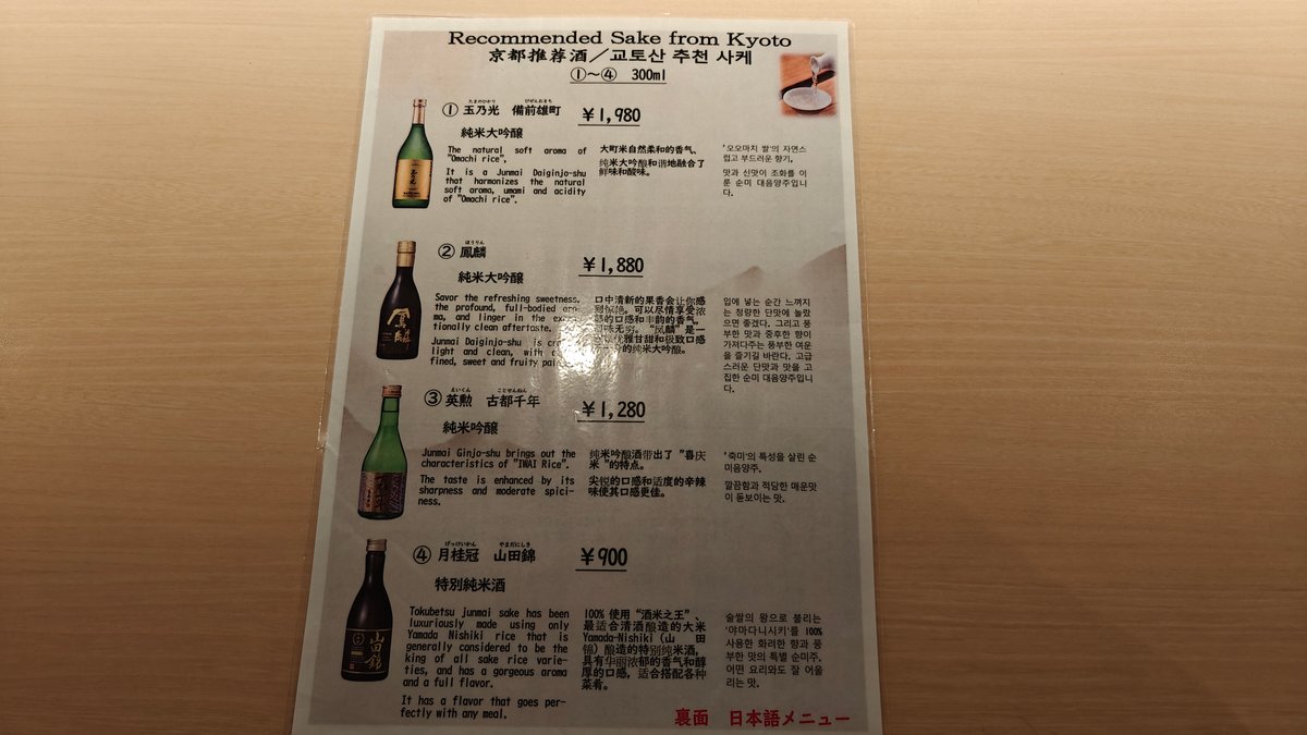 'Recommended Sake from Kyoto' menu (English side)