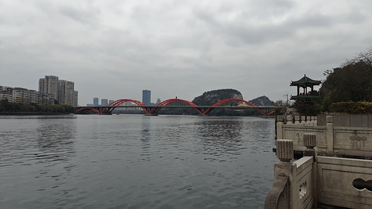 Red bridge Chinese pavilion view