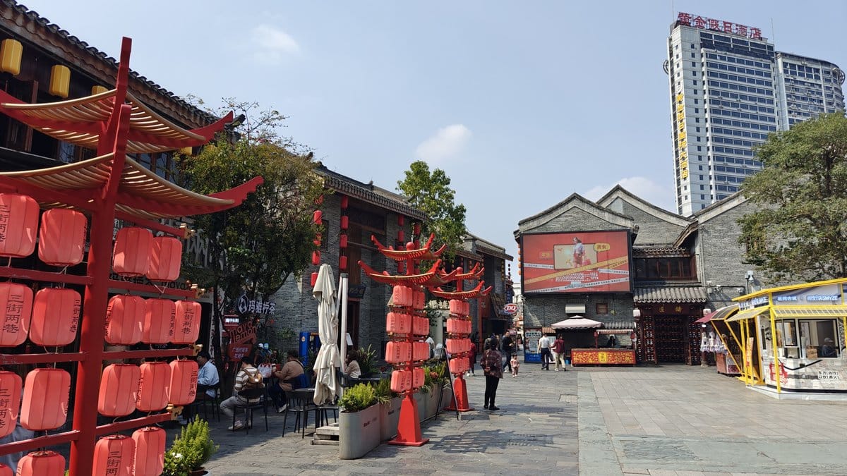 Red lantern plaza seating area