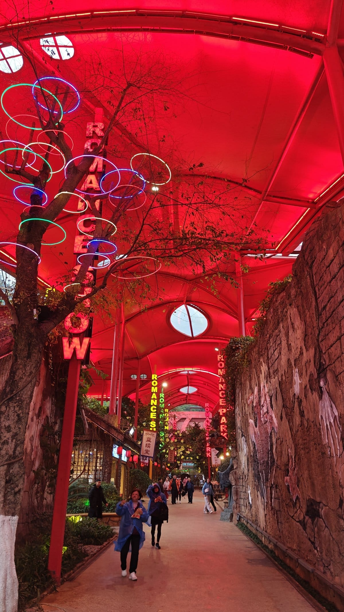 Red-lit walkway neon decorations