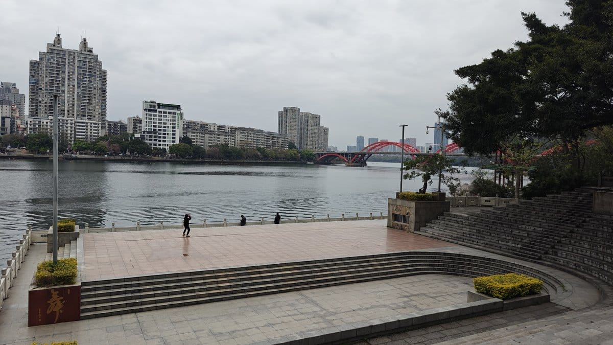 River view looking downstream - open plaza, red