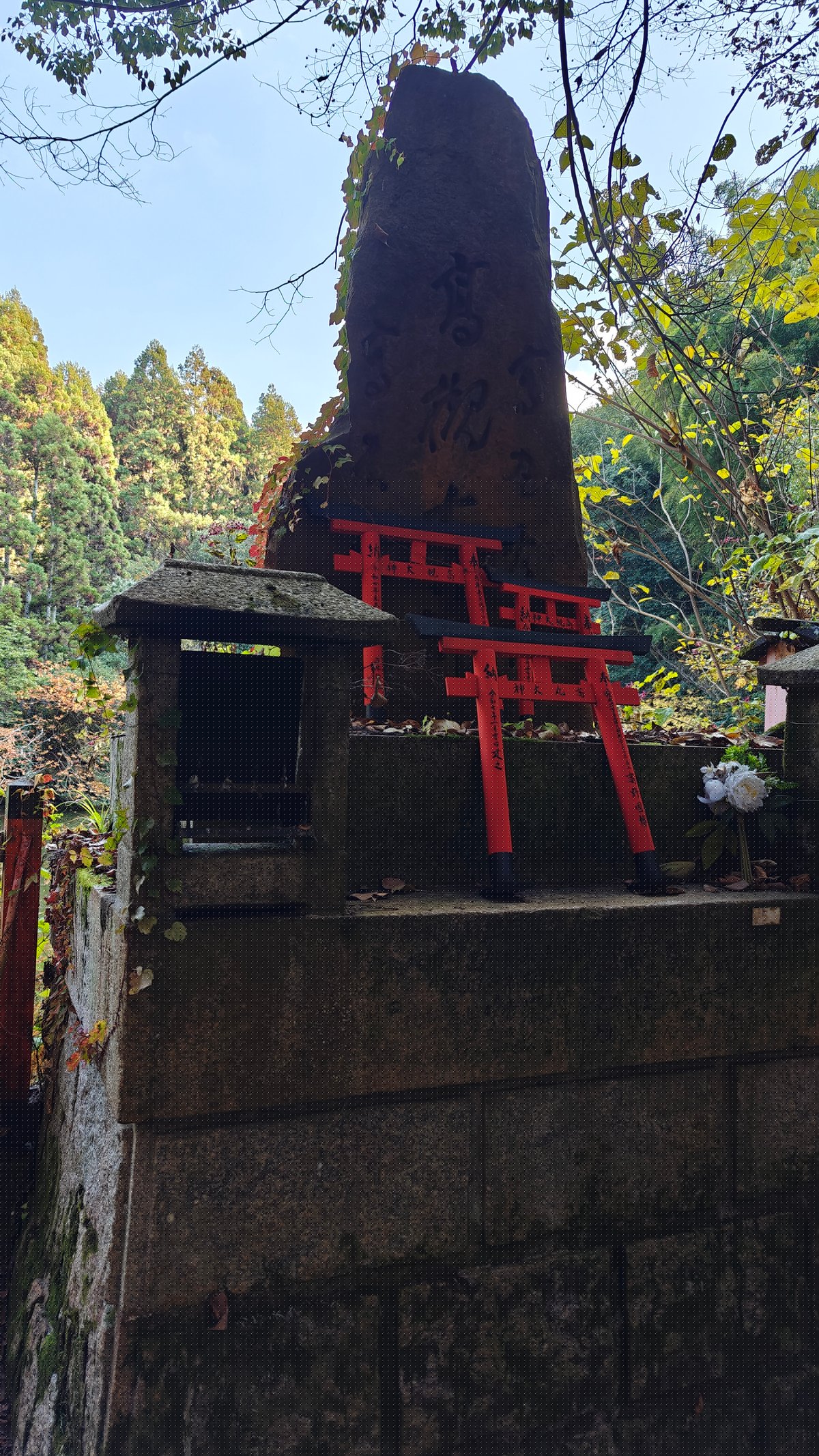 Rock mound with small torii offerings in the