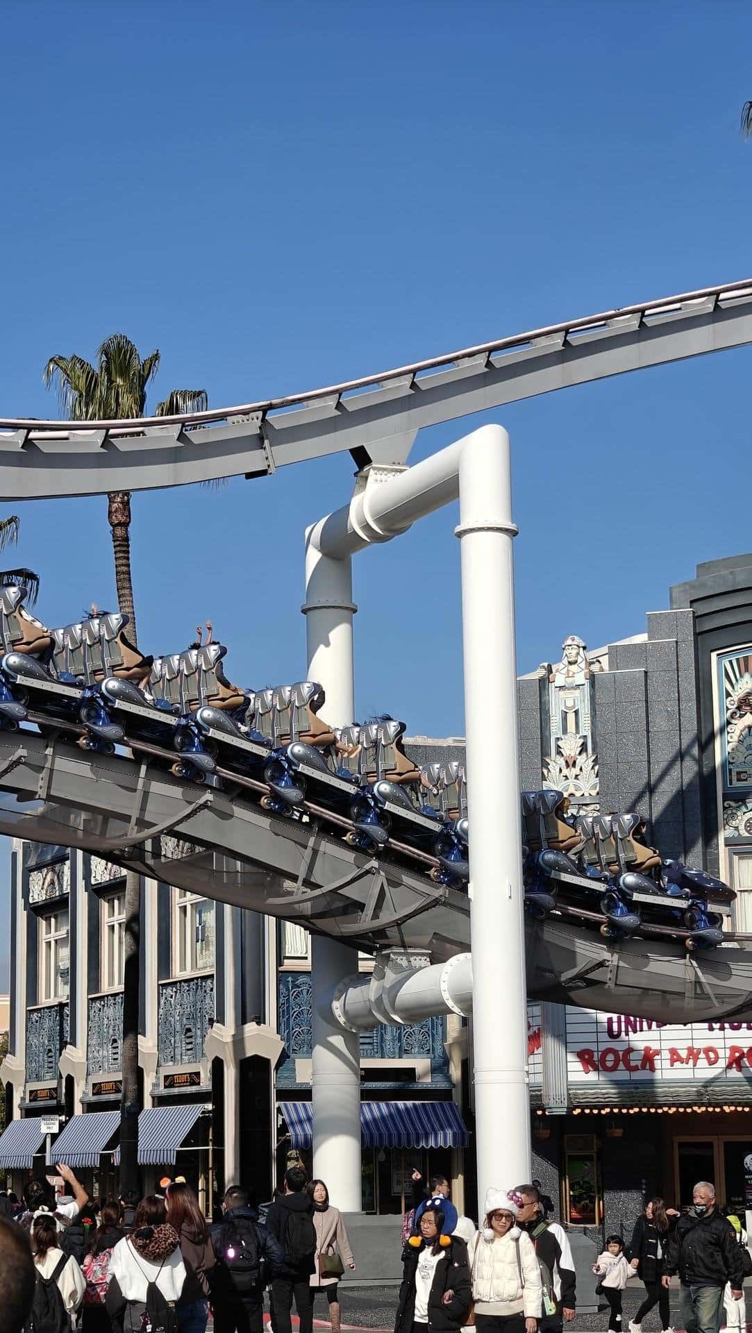 Rollercoaster above lively street scene