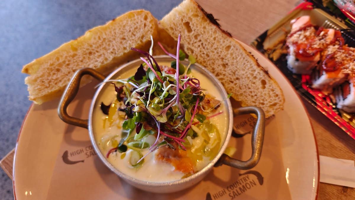 Salmon chowder in pot