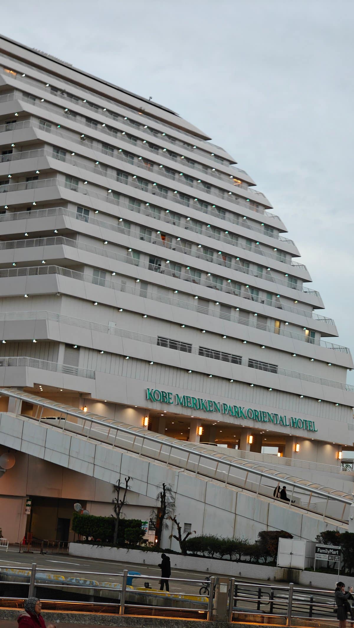 Side view of the hotel's tiered white facade