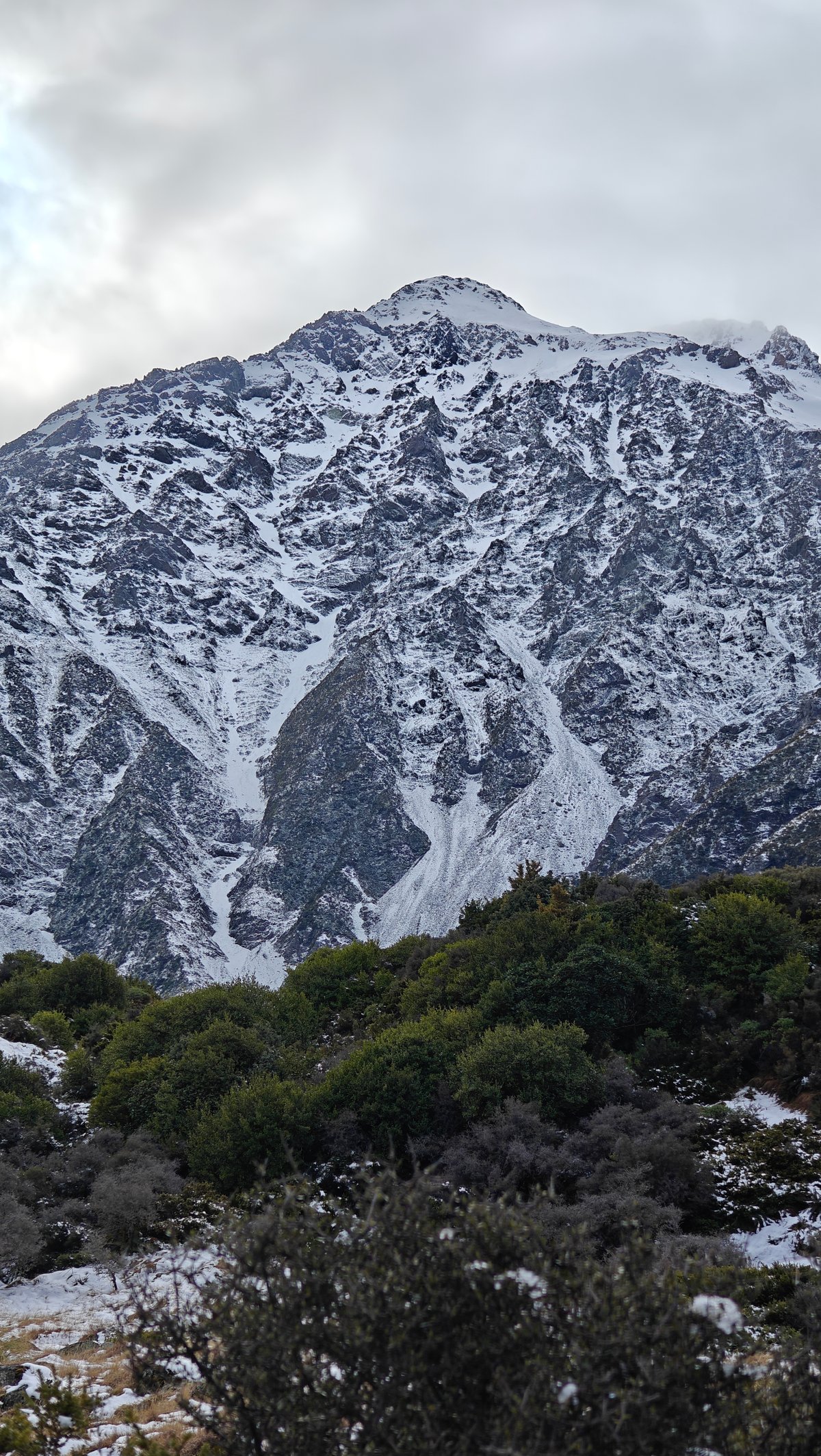 Steep snow mountainside trail