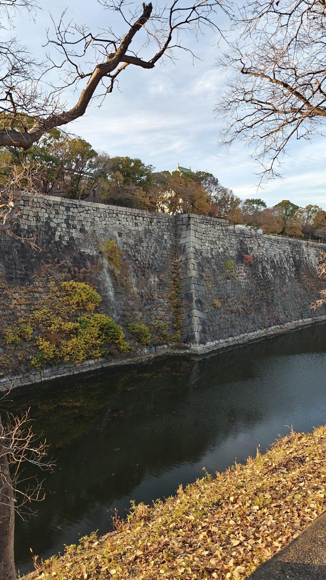 Stone wall by a canal with fall foliage