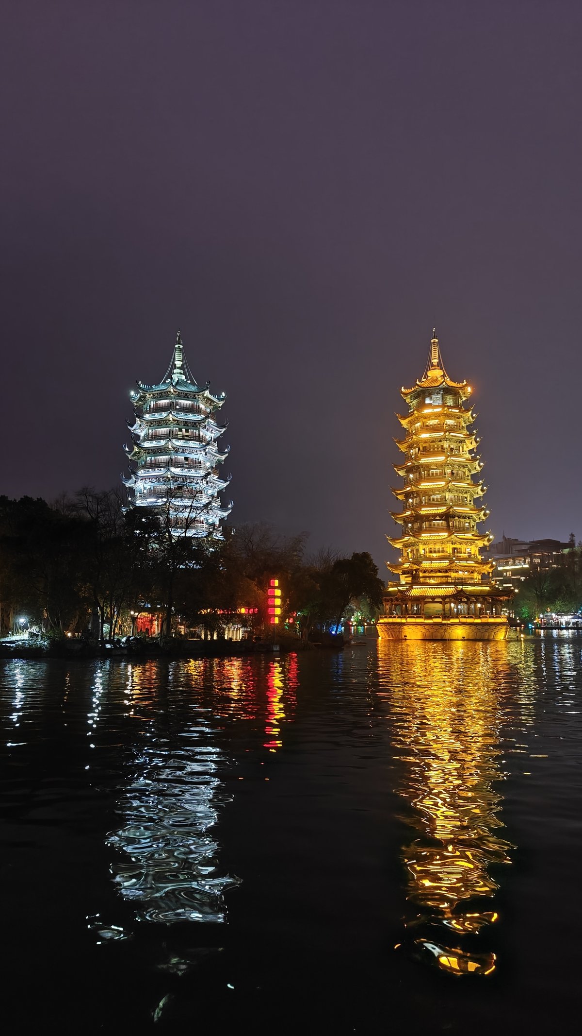 Sun and Moon Pagodas at night