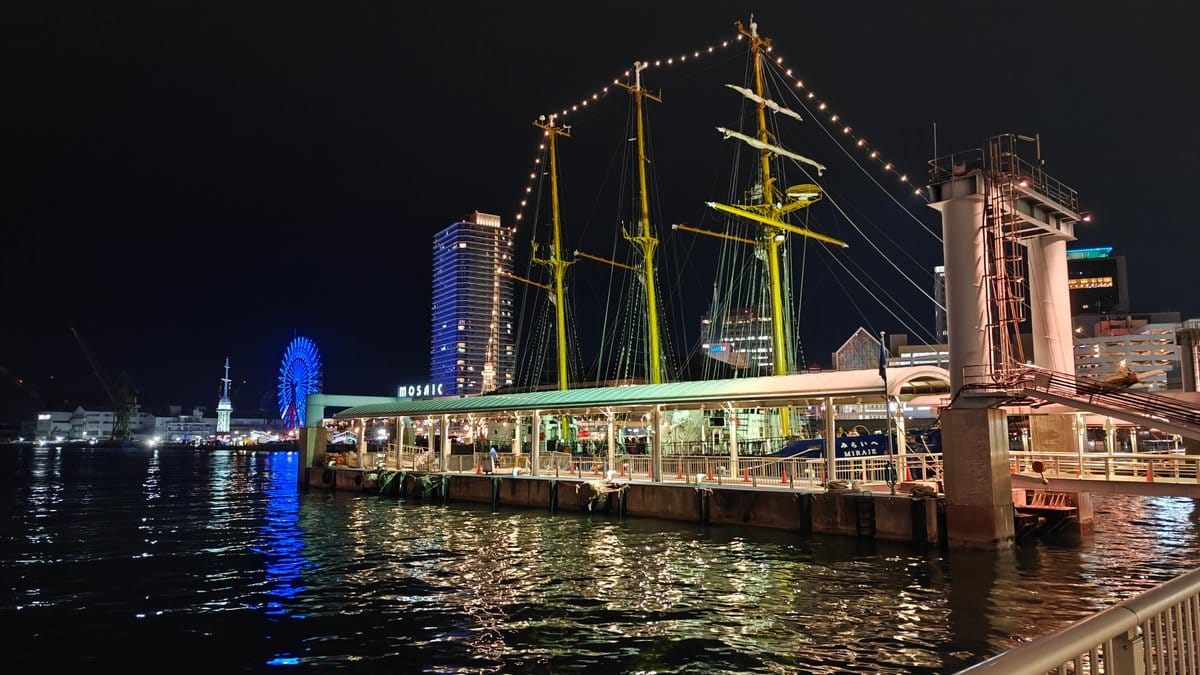 Tall ship masts lit at night