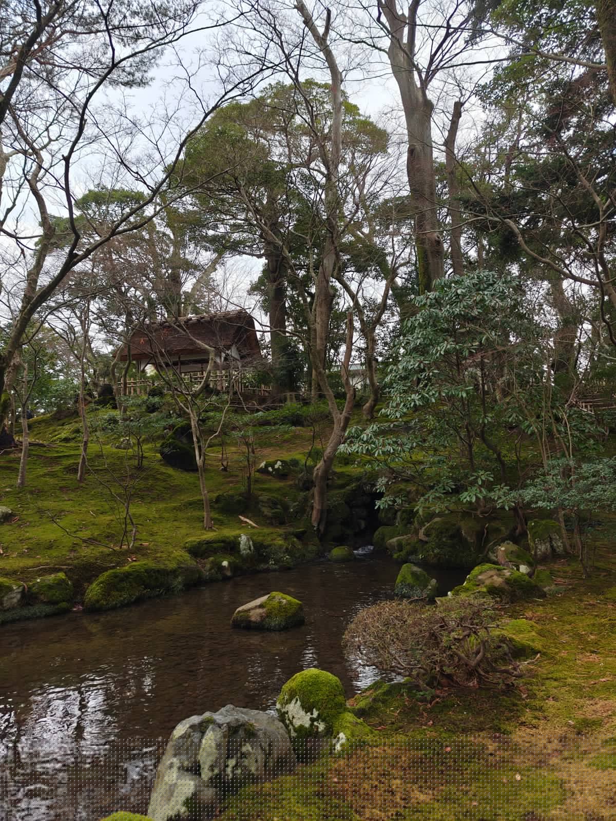 Thatched teahouse across mossy pond