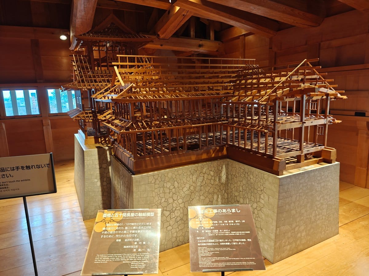 The centrepiece 1/10-scale 「菱櫓と五十間長屋の軸組模型」(framework model) on a stone-wall