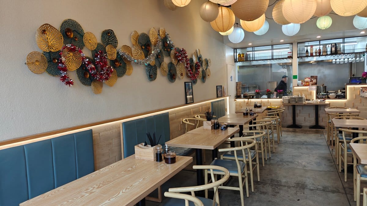 The dining room of No.8 Noodle Bar: pale