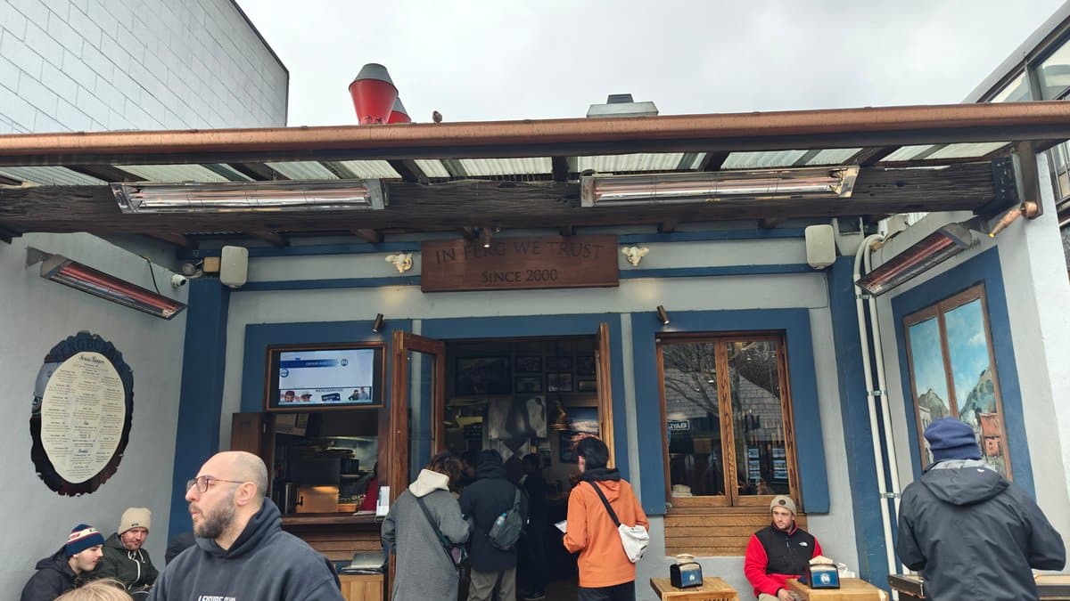 The Fergburger order window under its awning, customers