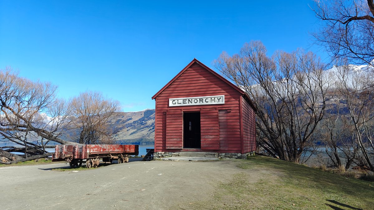 The red 'GLENORCHY' wharf shed on the gravel