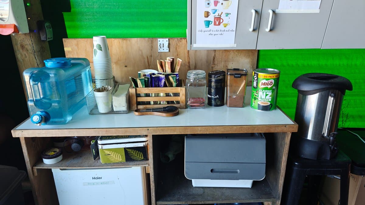 The self-serve refreshments counter: a water dispenser, a