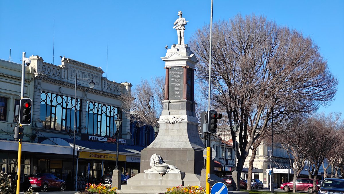 The war memorial column and soldier statue in