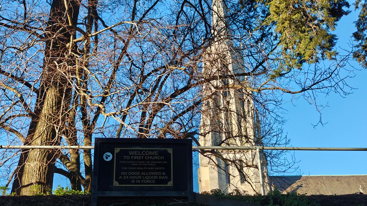 The 'WELCOME TO FIRST CHURCH' signboard in front