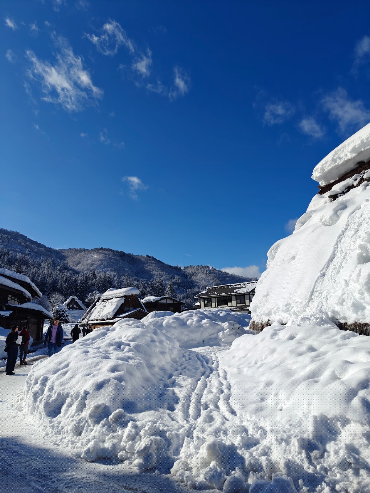 Tourists walking snowy village street