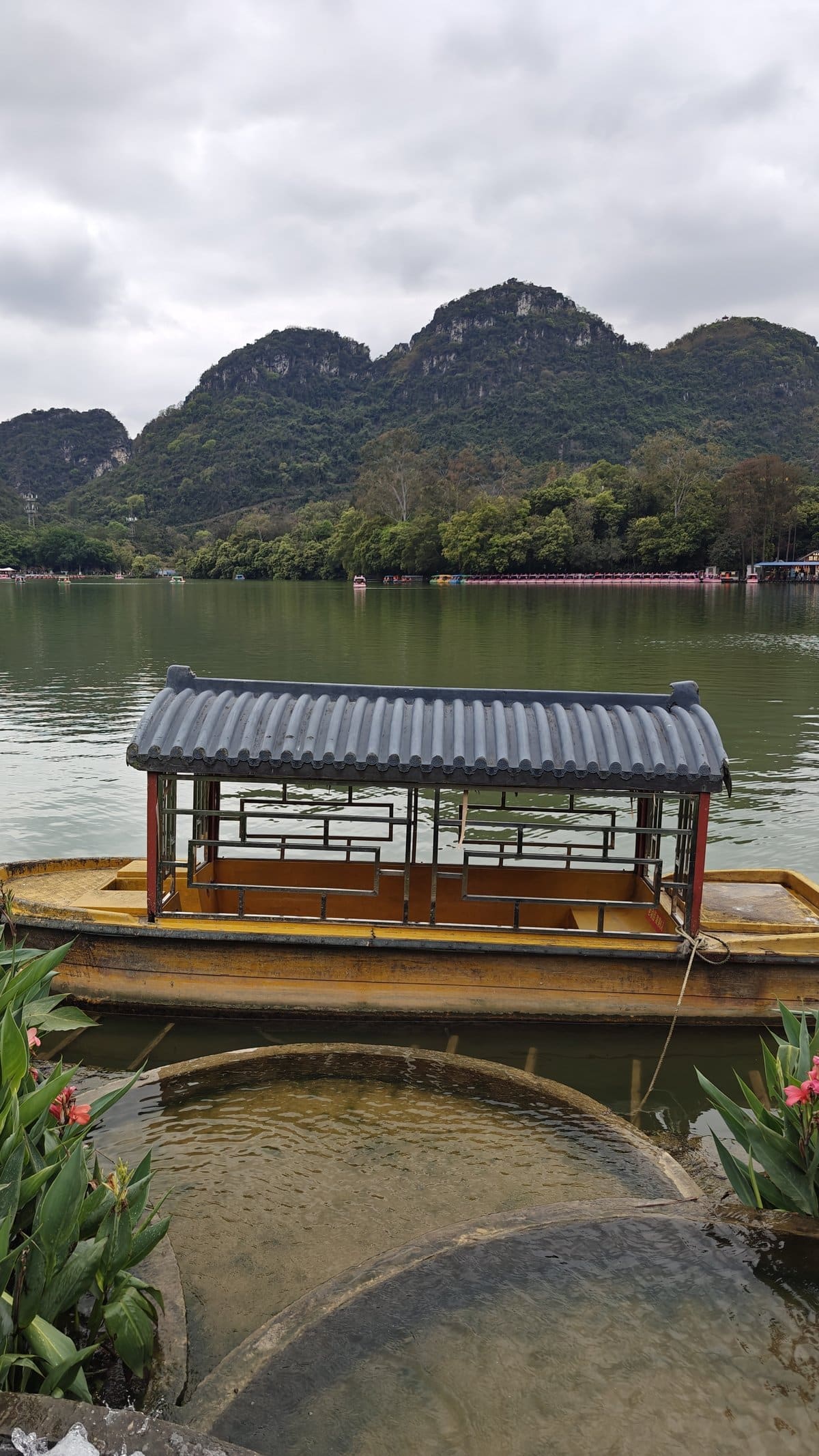Traditional boat awning on water