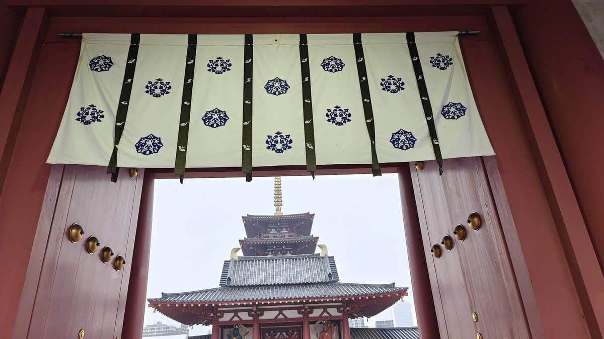 Traditional temple gate and pagoda view
