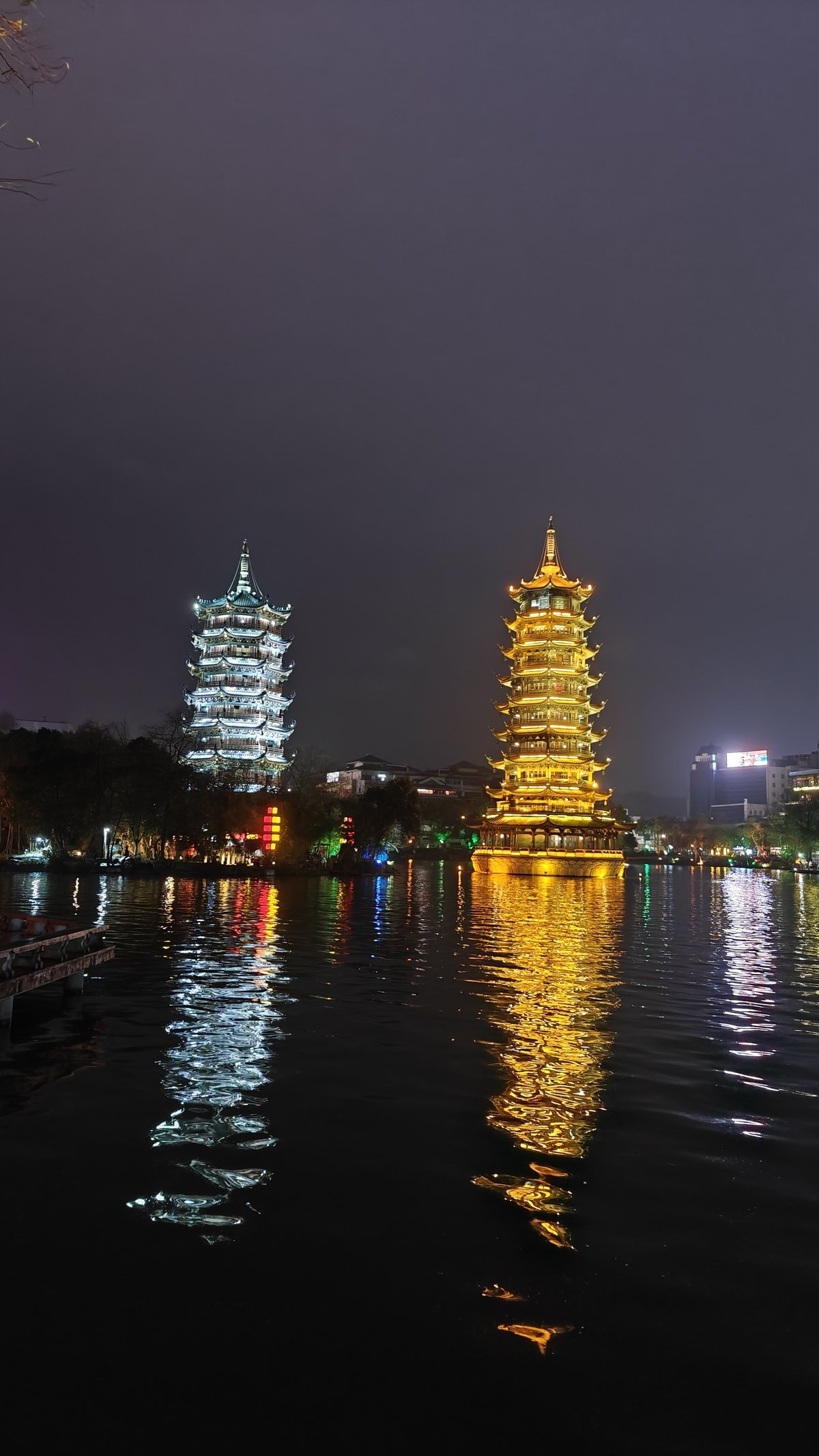 Twin pagodas long golden silver reflections