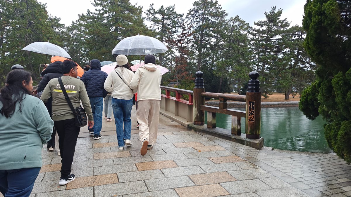 Umbrellas cross rainy red bridge