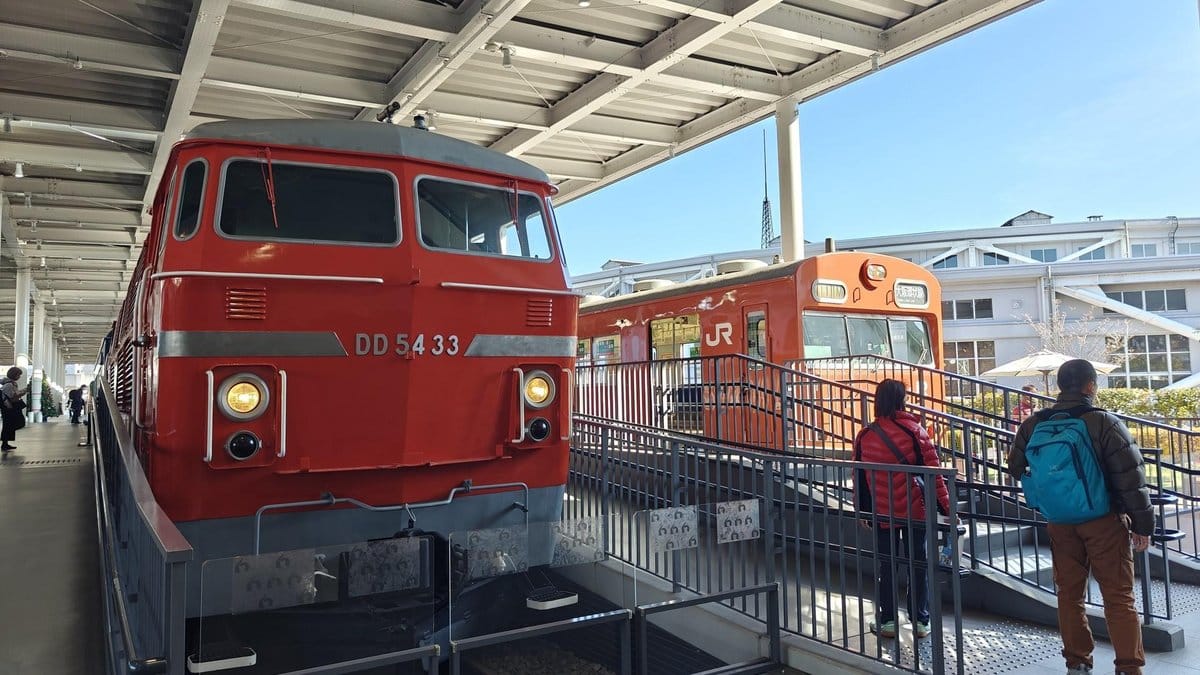 Vintage trains displayed outdoors