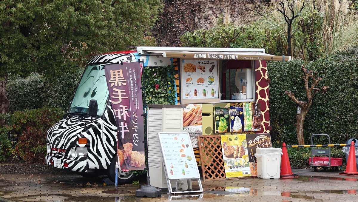Zebra-themed food truck in the park