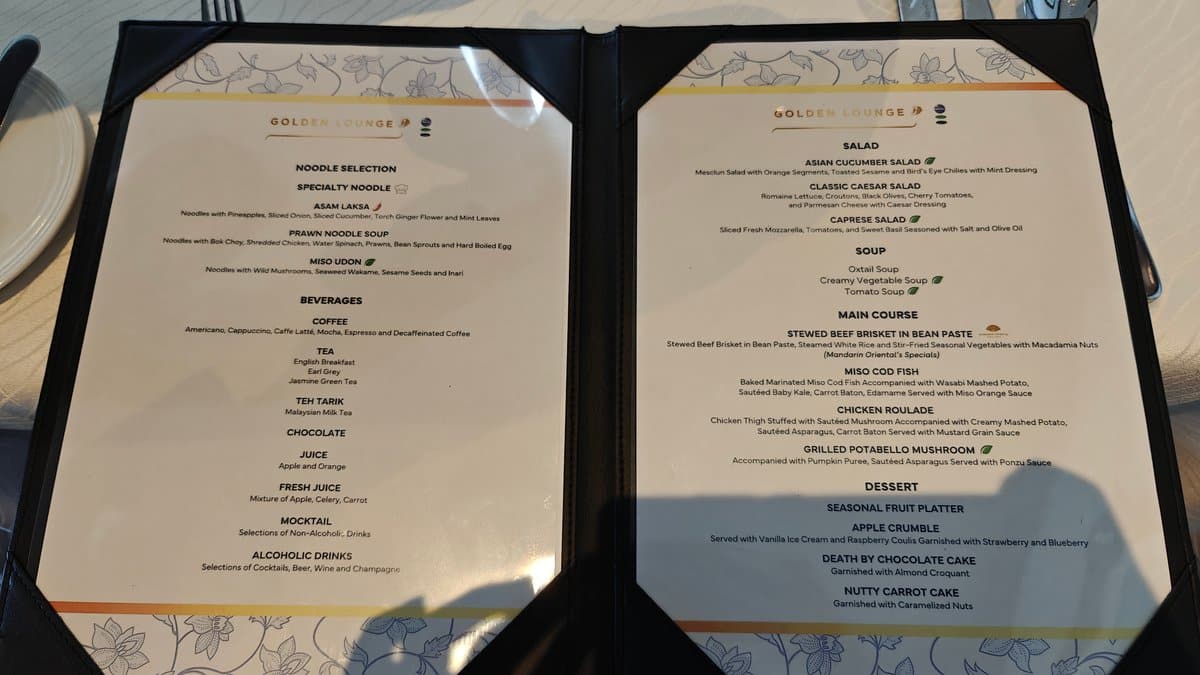 A-la-carte Golden Lounge menu booklet